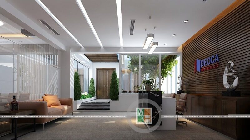 Thiết kế nội thất quầy lễ tân văn phòng công ty Đèo Cả hiện đại với cách bố trí đồ nội thất hợp lí