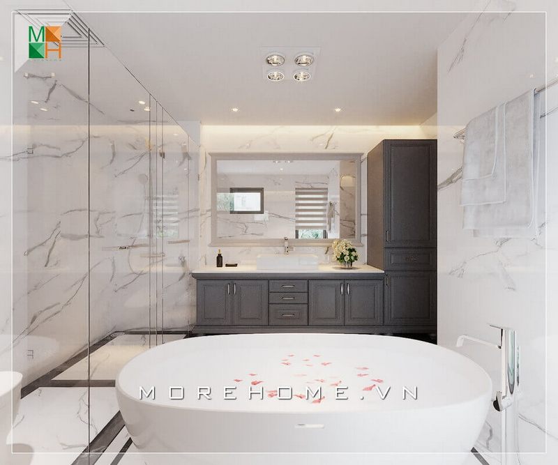 Ấn tượng với vẻ đẹp của đá ốp tường nhân tạo vân mây cao cấp màu trắng, mang lại cảm giác sạch sẽ, thư giãn cho gia chủ khi bước vào không gian phòng tắm sang trọng này