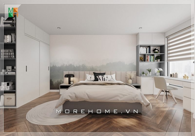 Mẫu thiết kế phòng ngủ đơn giản với nội thất bằng gỗ công nghiệp sơn trắng sang trọng phù hợp chung cư, nhà phố, biệt thự phong cách hiện đại