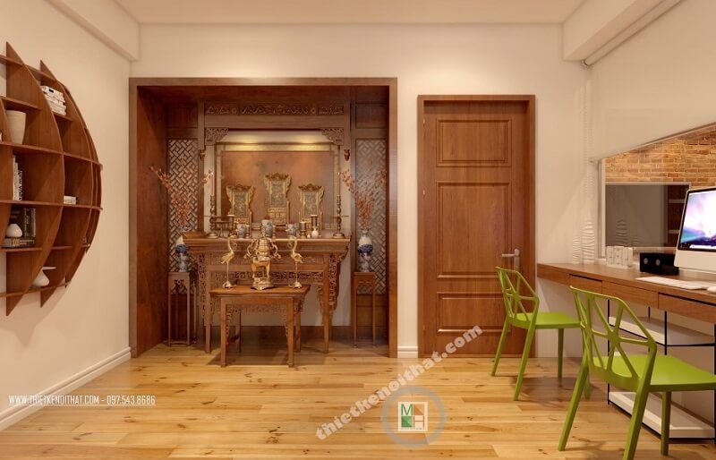 Mẫu bàn thờ gỗ tự nhiên cổ điển được ưa chuộng trong phòng thờ chung cư của MoreHome.