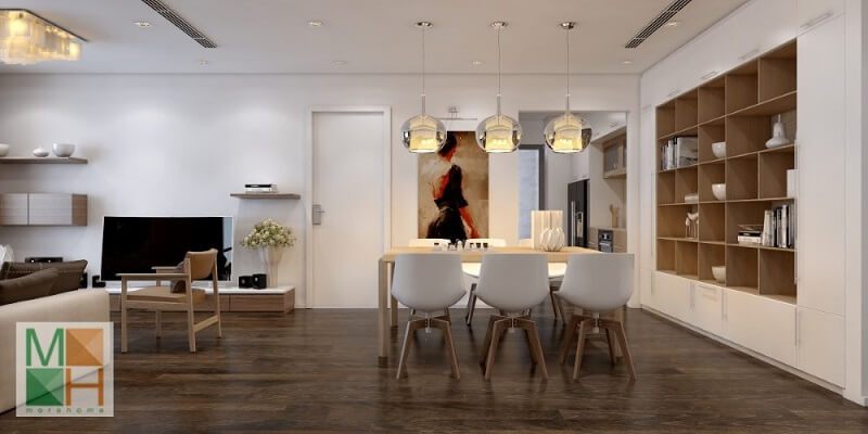 Thiết kế nội thất phòng ăn chung cư đẹp với tông màu sáng được sử dụng mang lại sự thư giãn và sạch sẽ cho căn nhà. Khu vực bàn ăn được chú ý với một tủ gỗ tiện dụng.