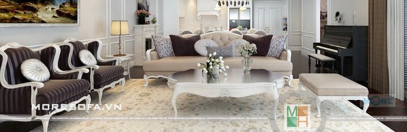 Sofa tân cổ điển MS-027 gỗ tự nhiên Tần bì sơn trắng, bọc nỉ nhập khẩu cao cấp cho phòng khách đơn giản